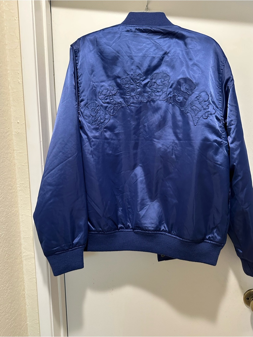 Vintage Stussy Royal Blue Satin Bomber Jacket w Embroidery on Back Medium Y2K